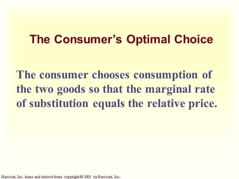 The Consumer’s Optimal Choice The consumer chooses consumption of the two goods so that The Consumer’s Optimal Choice The consumer chooses consumption of the two goods so that